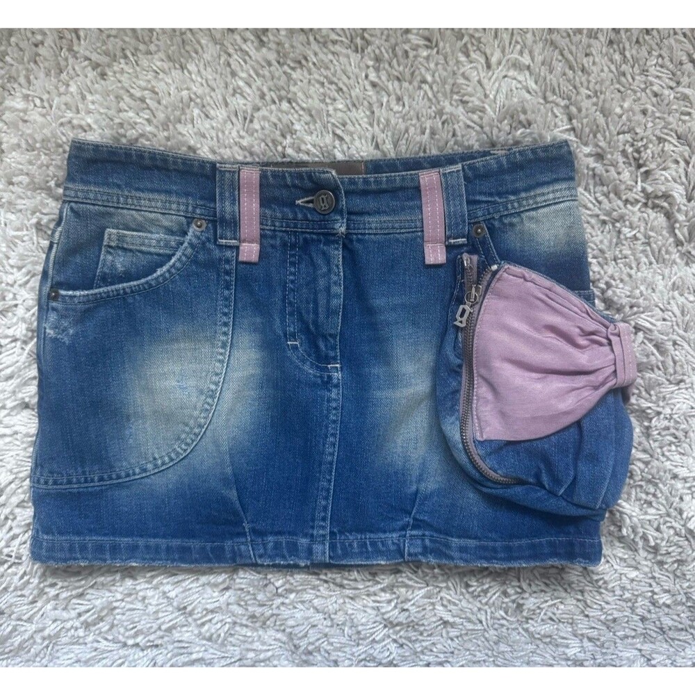 Y2K Galliano John Galliano Low Rise Denim Mini Skirt Pink Bow 2000s